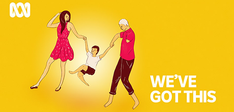 A yellow graphic of two people and a young child, with the text We've Got This