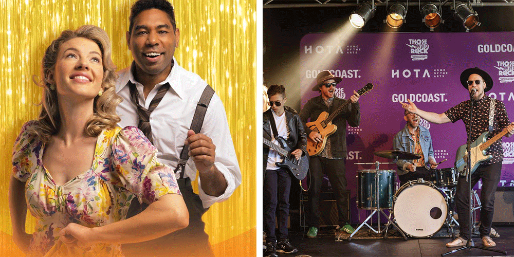 Two event images side-by-side. The first is of two people on a yellow background in costume. The second is a band onstage in front of a purple backdrop.