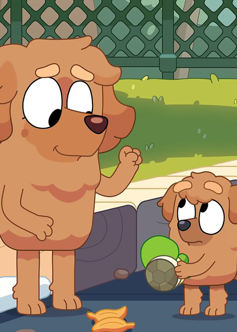 A screen still form the episode 'Turtleboy' showing two light brown cartoon dogs, a mum and a son. The small son dog is holding a turtle toy and the mum dog is holding its paw up to sign. 