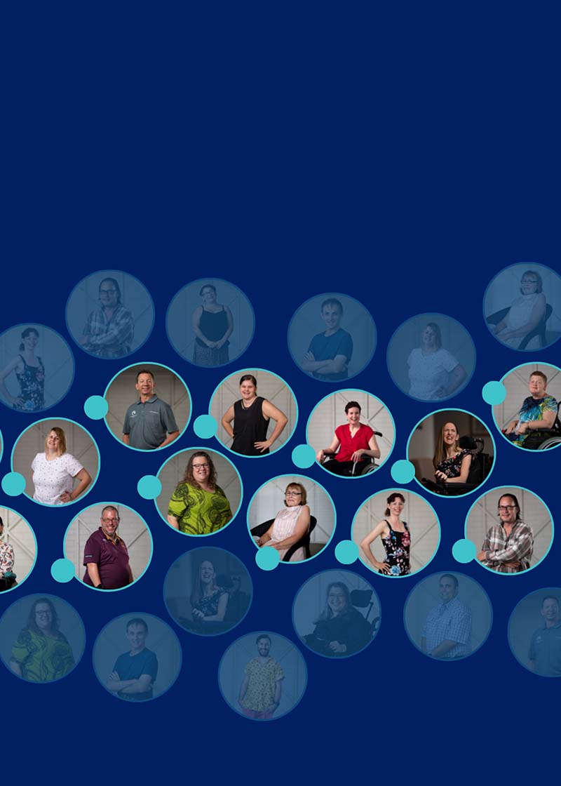 Blue background with circles spread across it. Each circle contains a photo of a person.