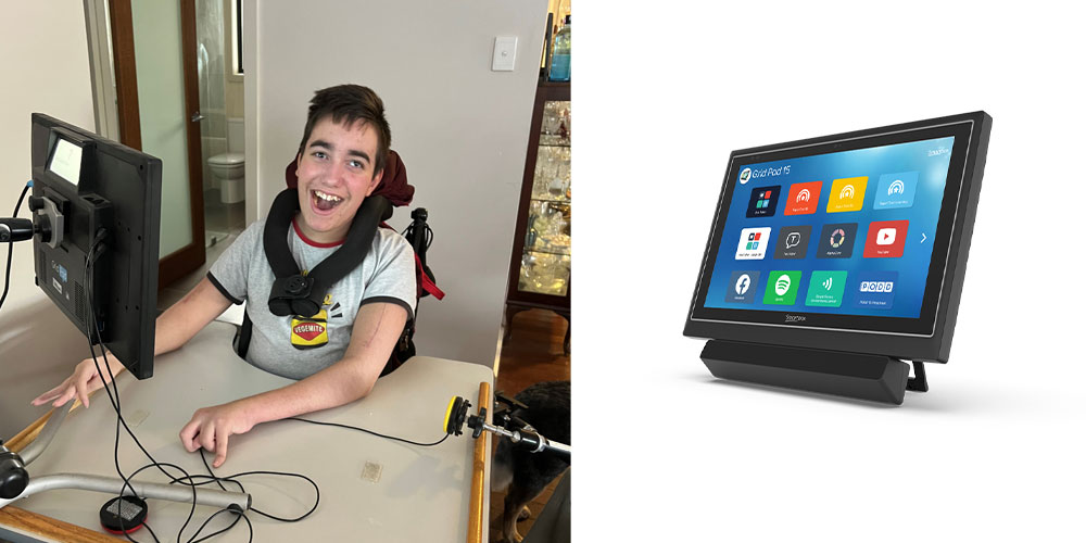 Two photos. The first a boy sitting at a computer. The second a communication device on a white background.