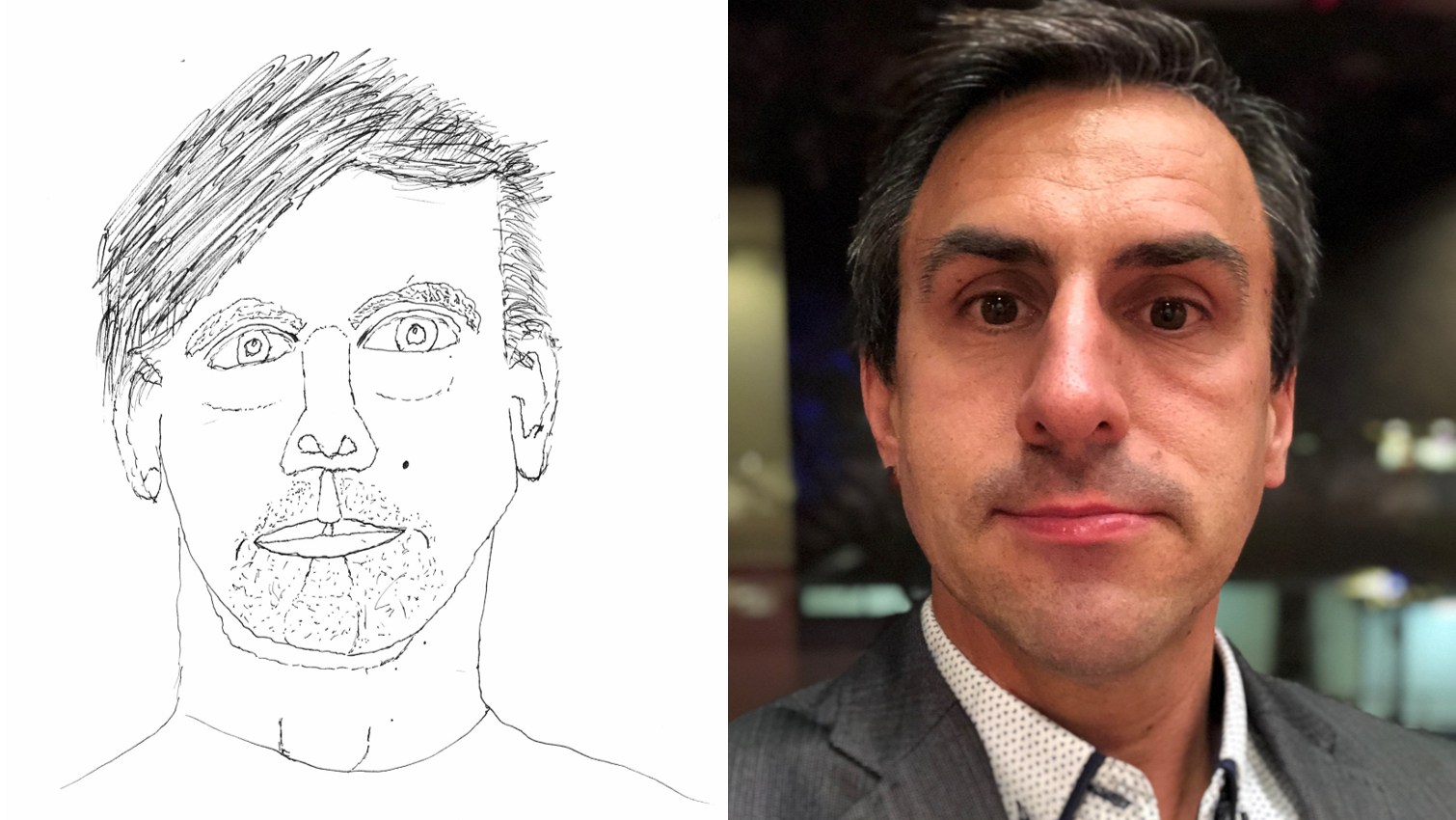 A sketch and a photo of Thomas Doyle side-by-side