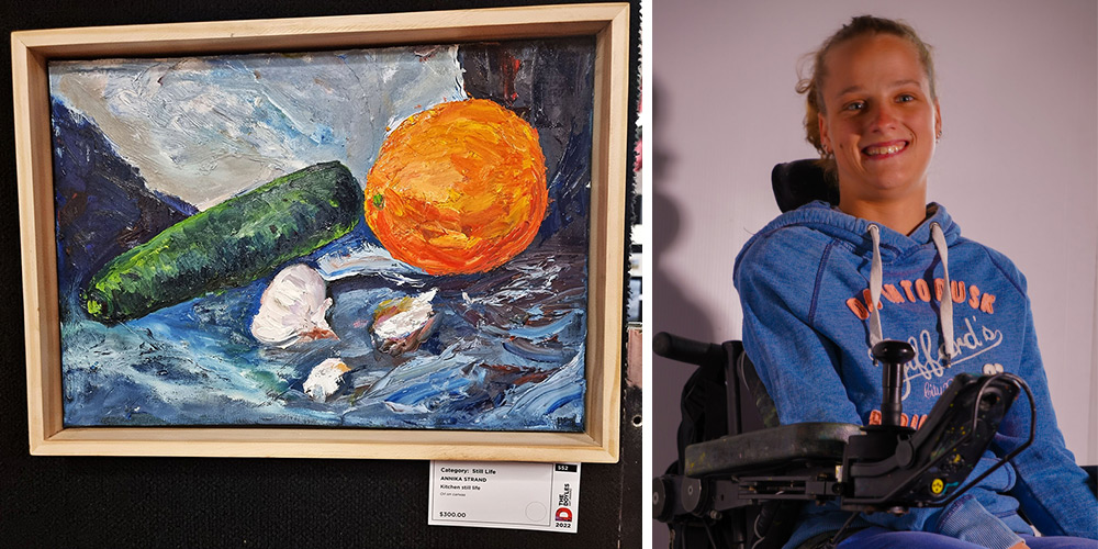 Side by side images of Annika's still life artwork and a photo of her sieated in her wheelchair smiling