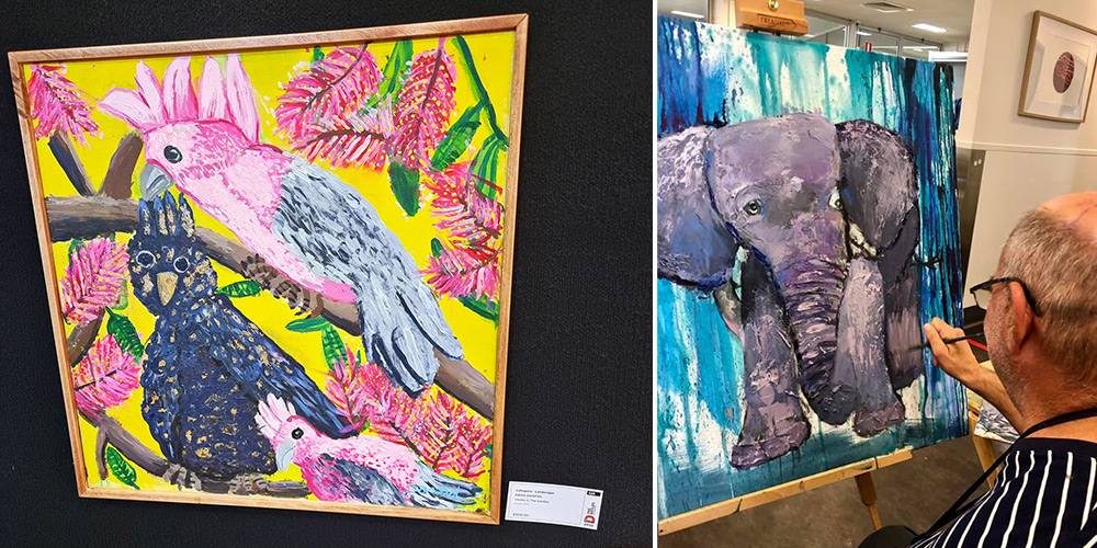 Two images side by side, one of David's painting on display at the Doyles, and another of him painting a different artwork of an elephant