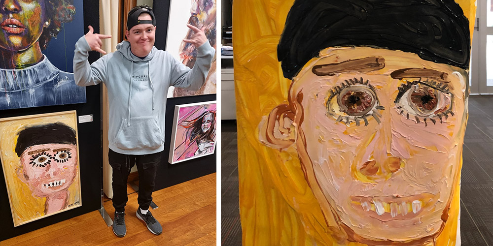 Two image side by side. The first one is of James with his artwork at the Doyles, he is smiling and giving a thumbs up. The second is a close up of his work in progress