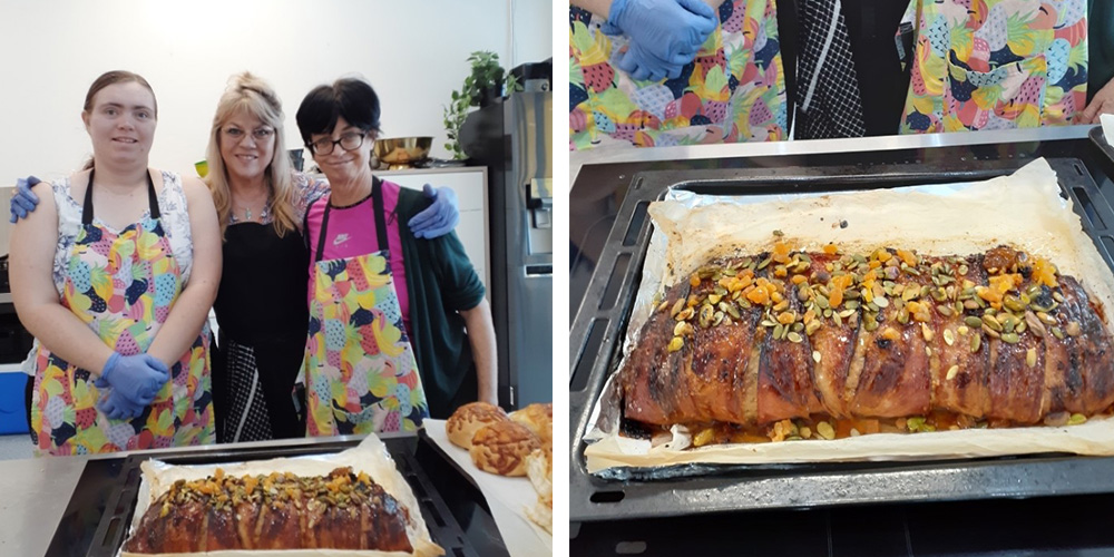 Two photo side by side. One is of three women behind a tray of meatloaf, The second is a closeup of the meatloaf on the tray.
