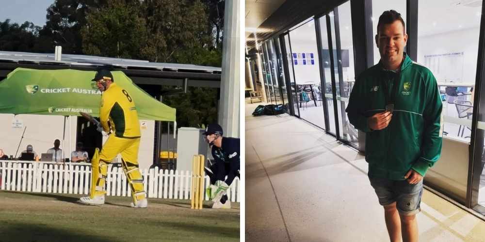 Two photos side-by-side. In the first, a man in yellow and green Australian cricket uniform is stepping up to bat. In the second they are wearing a dark green Australia jacket and holding a medal around their neck.