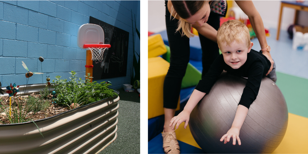 Outdoor garden sensory space including basketball hoop and blackboard and small child on a gym ball in an indoor sensory soft mat play room